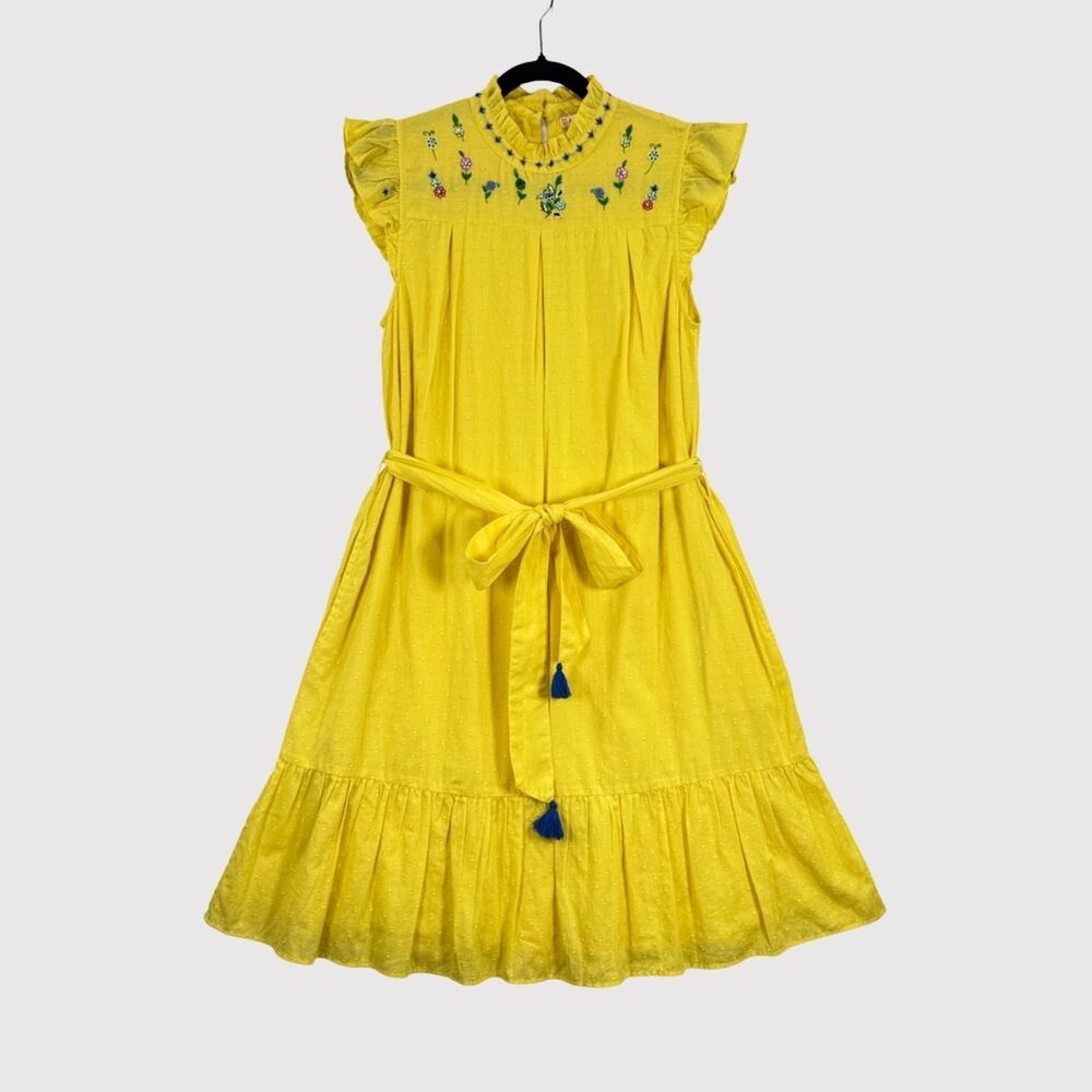 Banjanan Mini Dress Yellow Asha Swiss Dot Floral Embroidered Waist Tie Medium